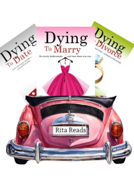 A pink vintage car with the three Dying Series books in the back